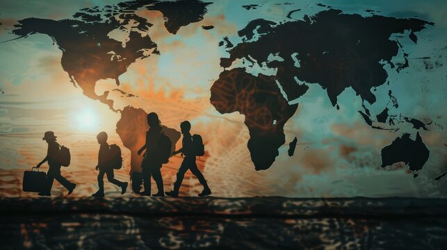 International Migrants Day. Silhouettes of walking migrants against the background of a world map. Horizontal banner. Copy space. Flat illustration. Problems of wars and poverty. Immigration concept