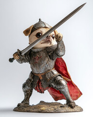 Small Dog Knight in Armor Attacking with Sword Full Figure - white background