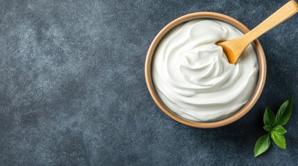 A bowl of sour cream sits on a rustic kitchen table with a wooden spoon resting beside it. Fresh ingredients surround the ceramic dish, inviting culinary creativity