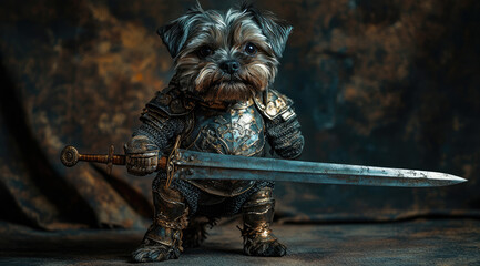 Small Dog Knight in Armor Attacking with Sword Full Figure