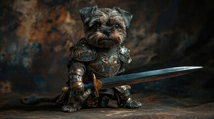 Small Dog Knight in Armor Attacking with Sword Full Figure