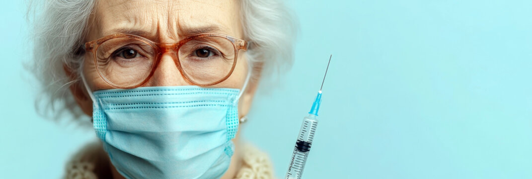 Elderly gray-haired woman in mask with syringe. Horizontal banner. National Influenza Vaccination Week. Immunization Awareness Month. Immunization and vaccination. Copy space. World patient safety day