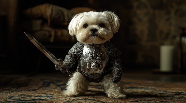 Small Dog Knight in Armor Attacking with Sword Full Figure