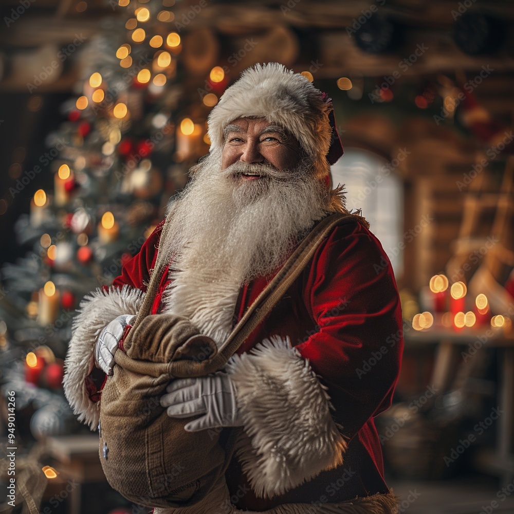 Wall mural This delightful scene features a smiling Santa Claus dressed in his traditional attire, surrounded by colorful presents and holiday decor, creating a cozy atmosphere filled with laughter and joy.