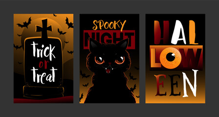 Set of halloween cards, posters, flyers and other. Vector illustrations with black cat. Halloween poster designs with symbols and calligraphy. Funny halloween cards set