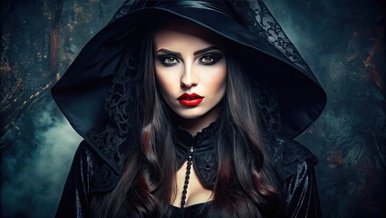 Dark Gothic Witch Costume with Black Velvet and Red Lipstick