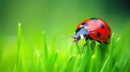 Obraz premium A red and black ladybug is perched atop a lush green field dotted with many tiny black spots
