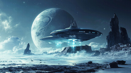 Sci-fi spacecraft landing on a futuristic planet with advanced energy fields and high-tech control systems, representing space exploration and innovation