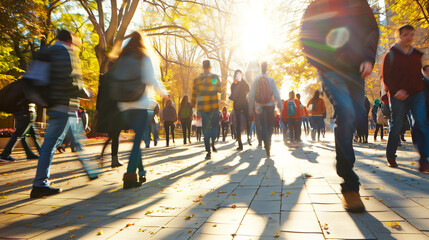 blurry photo of a students outside, walking high school classmates to a university, fast motion, long exposure, action in the university, education system, wanting to learn