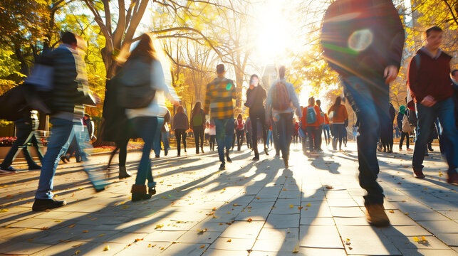 blurry photo of a students outside, walking high school classmates to a university, fast motion, long exposure, action in the university, education system, wanting to learn