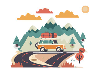 Naklejka premium Car on the road in the mountains. Flat style vector illustration.