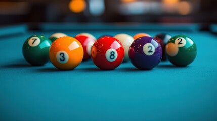 Close-up of billiard balls on a green felt table