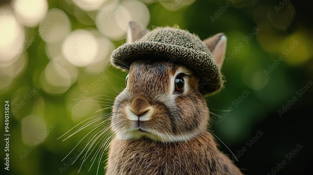 Poster   A close-up photo of a rabbit wearing a hat, surrounded by trees in the background