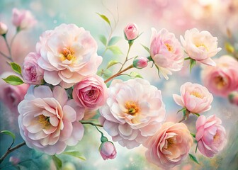 delicate brushstrokes bringing blush-toned watercolor flowers to life in a soft focus manner