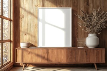 Poster Frame Mockup on Wooden Interior Background created with Generative AI