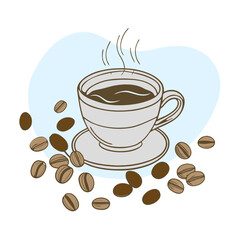 Obraz premium Cup of hot coffee surrounded by roasted coffee beans and steam rising