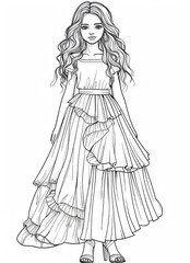 Fototapeta premium A girl in a long dress coloring page