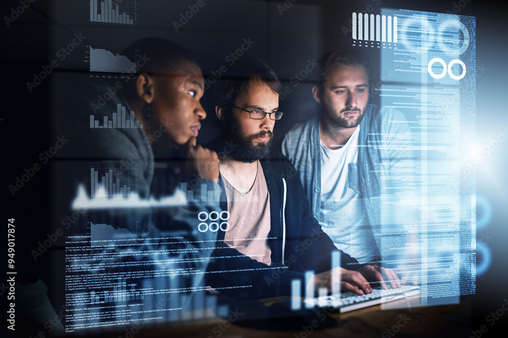 Aufkleber Programming hologram, man and team with computer at night for typing source code or graph data. Software development, group and web developer with cybersecurity analytics, database hacking and charts