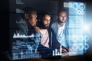 Programming hologram, man and team with computer at night for typing source code or graph data....