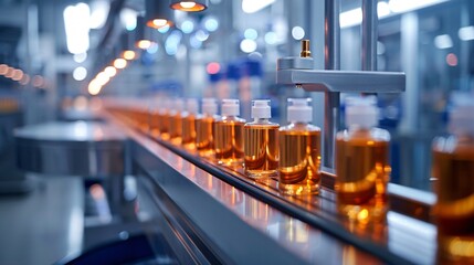 Cosmetic bottles on assembly line