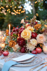 A beautifully decorated outdoor table with red flowers and candles.
