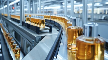Naklejka premium Cosmetic bottles on conveyor belt 