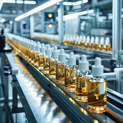 Cosmetic bottles on conveyor belt 