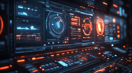 Fototapeta premium futuristic control panel with glowing blue and orange lights and digital displays