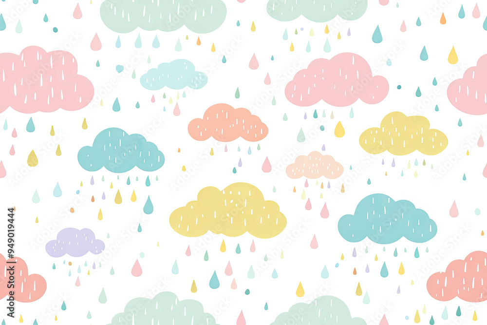 Poster seamless pattern with clouds and rain on a white background