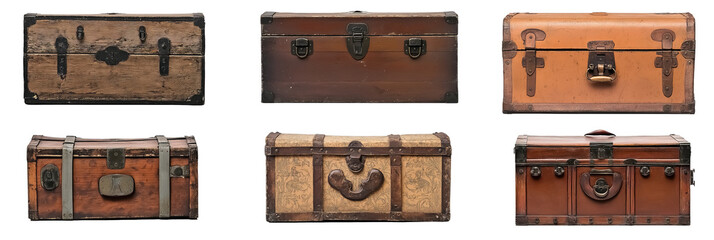 A set, one raw of old vintage wooden trunks isolated on a  transparent background