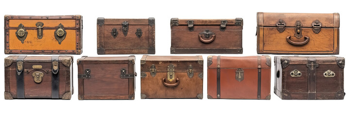 A set, one raw of old vintage wooden trunks isolated on a  transparent background