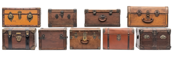 A set, one raw of old vintage wooden trunks isolated on a  transparent background