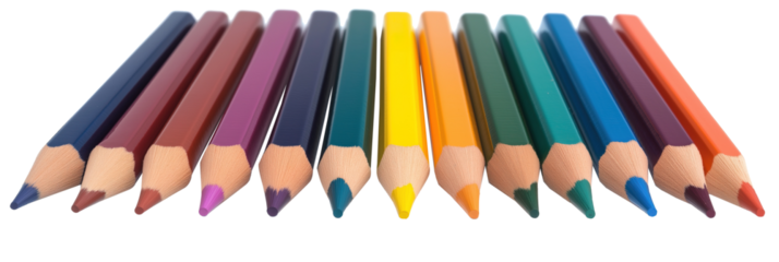 A set, one raw of various beautiful bright multi-color pencils isolated on a transparent background