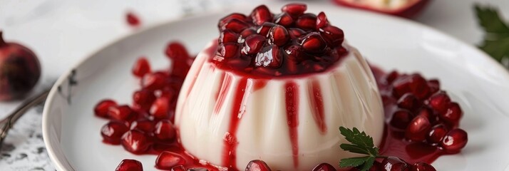 Pomegranate Cream Dessert Rose Shaped Panna Cotta with Pomegranate Sauce on a Light Gray Background