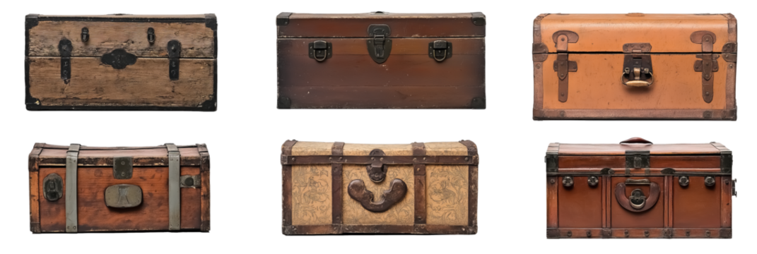 A set, one raw of old vintage wooden trunks isolated on a  transparent background