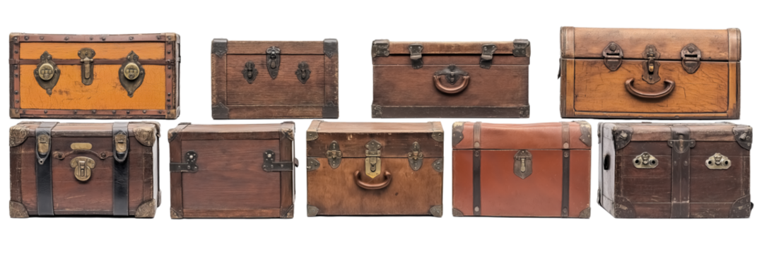A set, one raw of old vintage wooden trunks isolated on a  transparent background