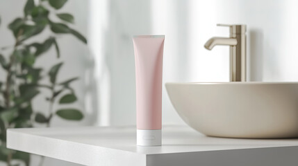 A mock-up image of a toothpaste tube with a plain pink design, positioned on a sleek bathroom shelf