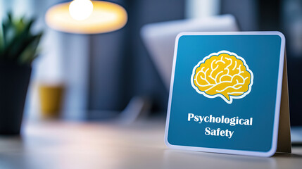 A sticker an office displays the text psychological safety and a logo depicting a human brain in a blue color