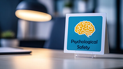 A sticker an office displays the text psychological safety and a logo depicting a human brain in a blue color