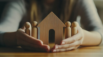 Close-up of a woman's hands protecting wooden people figures in the shape of a house on a table, a concept for family or business protection