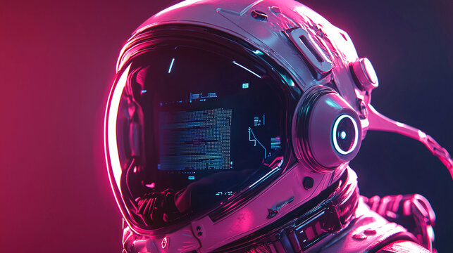 Close-up of a futuristic space helmet with integrated digital displays and neon accents, highlighting advanced space exploration gear 