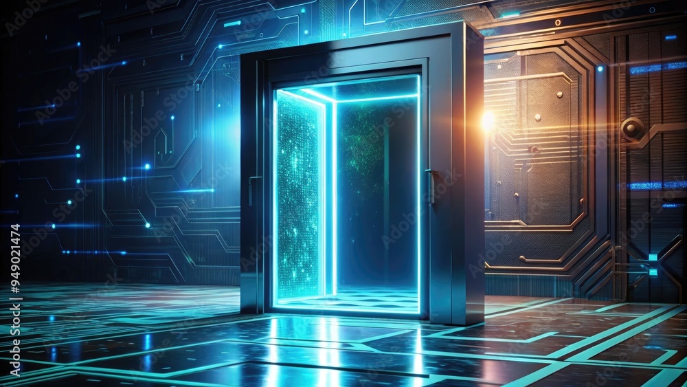 Wall mural a futuristic, gleaming metallic door with a 3d holographic display, illuminated with neon codes, app