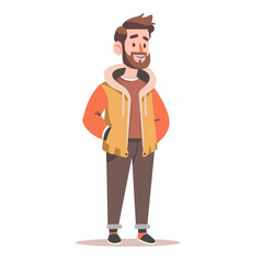 A man with a beard and a yellow jacket is smiling. He is wearing brown pants and a brown shirt