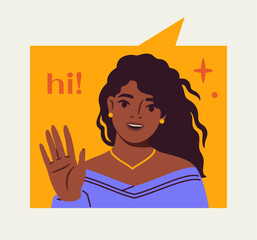 International communication concept. Woman with english word hi. Video conference in social networks. Character greets online friends. Flat vector illustration isolated on beige background