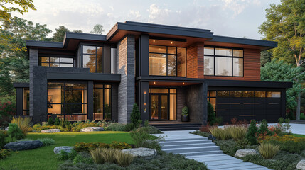 A modern house with dark siding and large windows