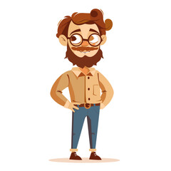 Fototapeta premium A man with glasses and a beard is standing with his hands on his hips. He is wearing a brown shirt and blue jeans