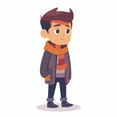 Fototapeta premium A boy wearing a scarf and a coat is standing in the snow. He looks sad and lonely