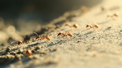   A cluster of tiny plants emerging from the sand on a sunny day, illuminated by the sun's rays