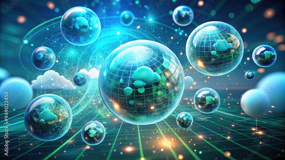 Poster digital icons and futuristic blue-green orbiting spheres float above a subtle gradient background, r