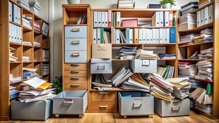 Disorganized files and documents overflow from a cluttered cabinet with papers stacked haphazardly, overflowing onto the floor, creating a chaotic and overwhelming workspace atmosphere.